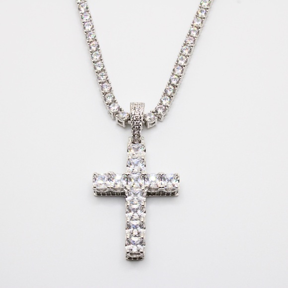 Sterling Silver Tennis Chain with Cross Pendant CZ - 3mm - 22" - Picture 3 of 5